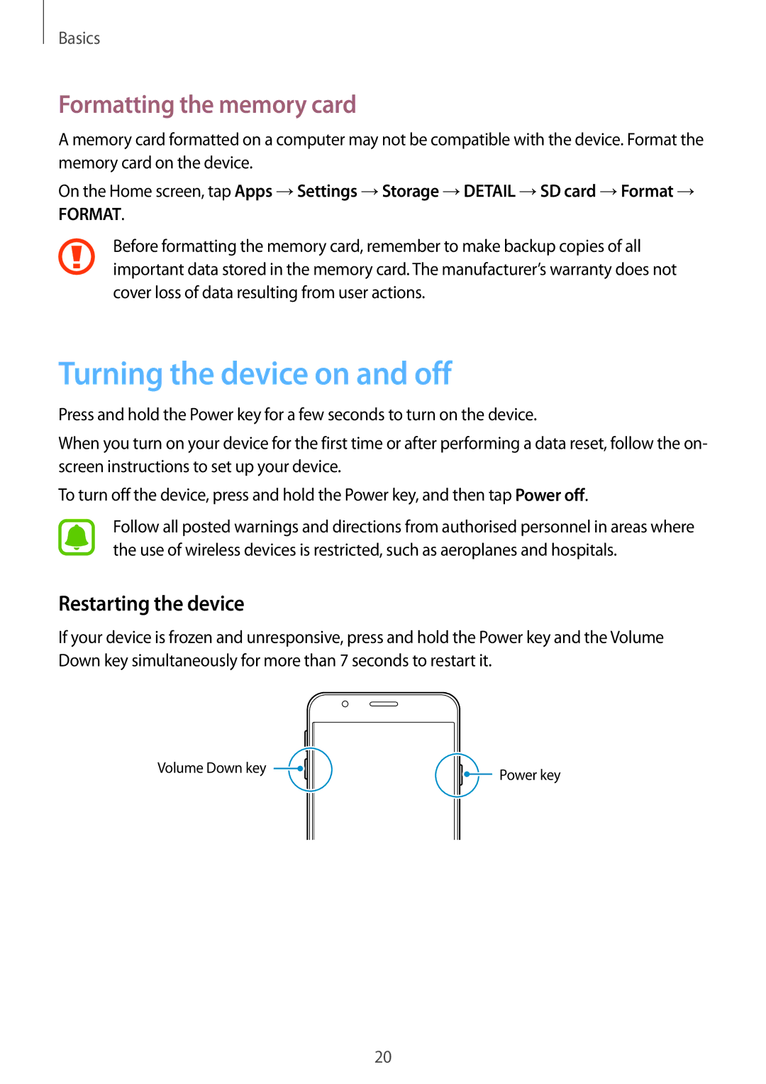 Samsung SM-G610FZKGKSA, SM-G570FZDDKSA Turning the device on and off, Formatting the memory card, Restarting the device 