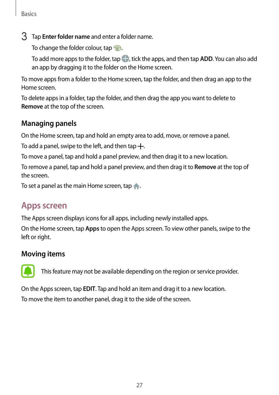 Samsung SM-G610FZSGXXV, SM-G570FZDDKSA, SM-G570FZKDKSA, SM-G610FZKDKSA, SM-G610FZKGKSA manual Apps screen, Managing panels 