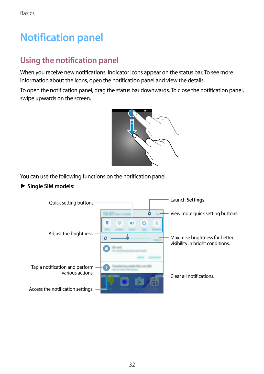 Samsung SM-G610FZKAILO, SM-G570FZDDKSA, SM-G570FZKDKSA, SM-G610FZKDKSA manual Notification panel, Using the notification panel 