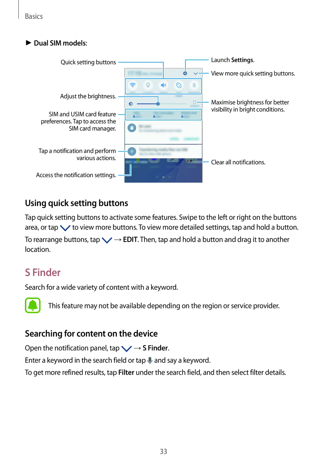 Samsung SM-G610FZDAILO manual Finder, Using quick setting buttons, Searching for content on the device, Dual SIM models 