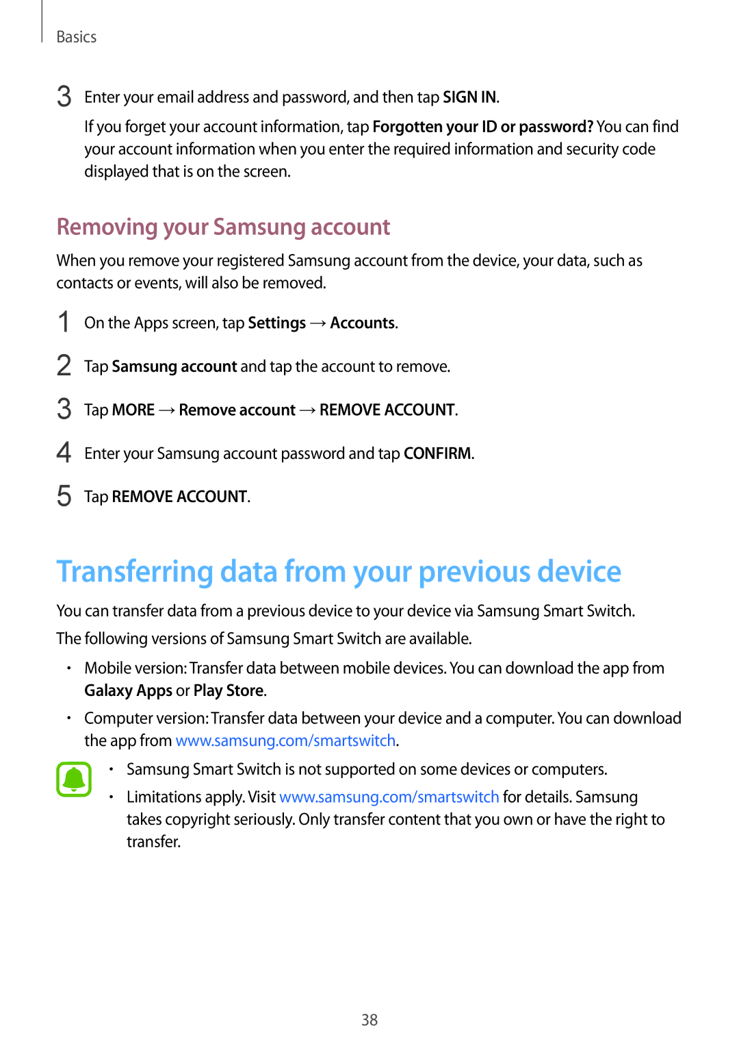 Samsung SM-G610FZDGKSA Transferring data from your previous device, Removing your Samsung account, Tap Remove Account 