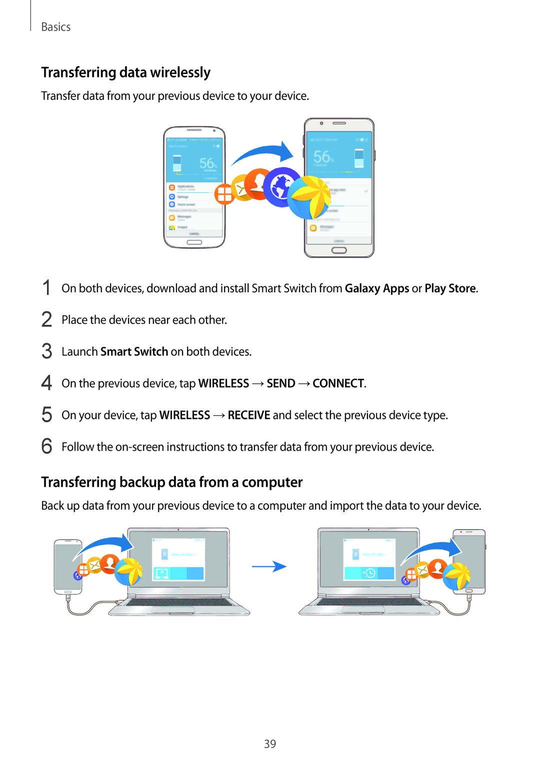 Samsung SM-G610FZDDKSA, SM-G570FZDDKSA manual Transferring data wirelessly, Transferring backup data from a computer 