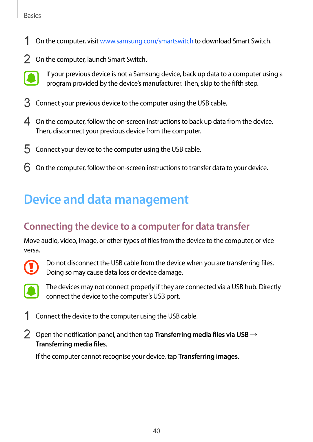 Samsung SM-G610FWDGXXV, SM-G570FZDDKSA Device and data management, Connecting the device to a computer for data transfer 