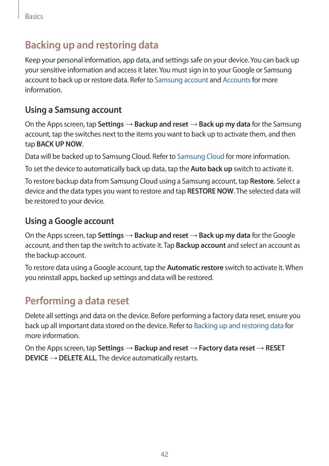 Samsung SM-G570YEDDXXV, SM-G570FZDDKSA Backing up and restoring data, Performing a data reset, Using a Samsung account 
