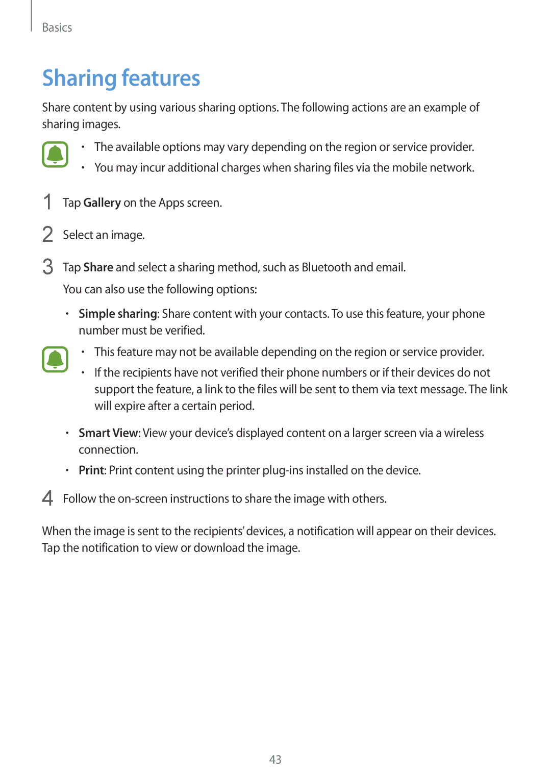 Samsung SM-G570YZKDXXV, SM-G570FZDDKSA, SM-G570FZKDKSA, SM-G610FZKDKSA, SM-G610FZKGKSA, SM-G610FZDGKSA manual Sharing features 