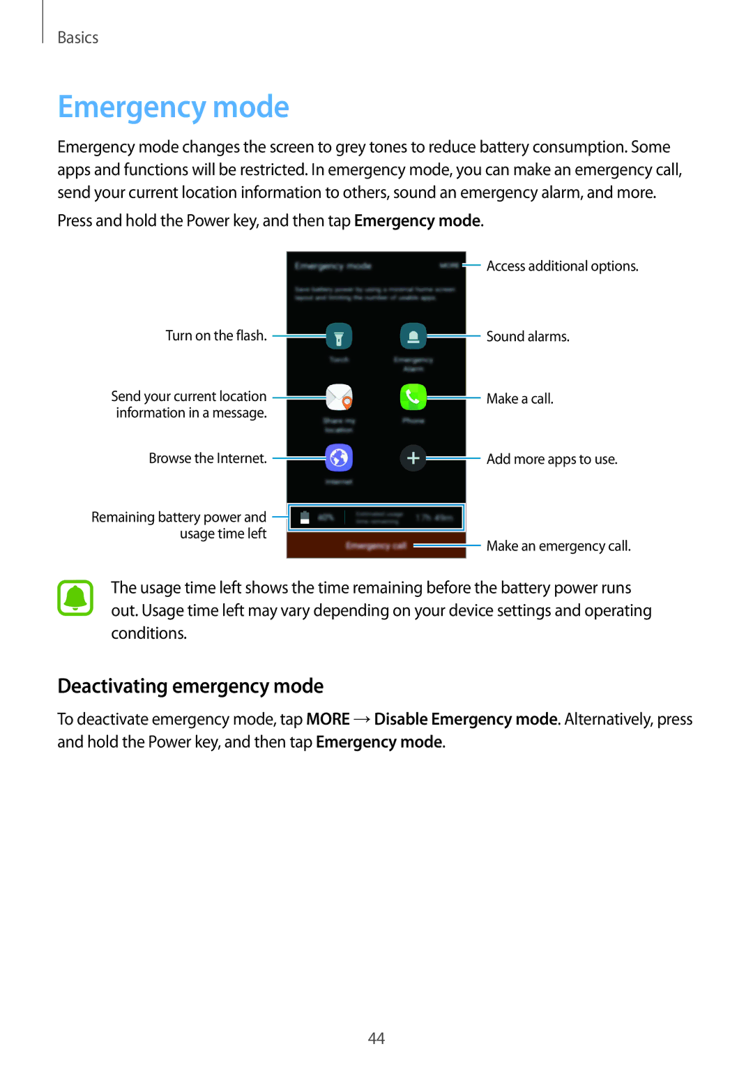 Samsung SM-G610FZSGXXV, SM-G570FZDDKSA, SM-G570FZKDKSA, SM-G610FZKDKSA manual Emergency mode, Deactivating emergency mode 