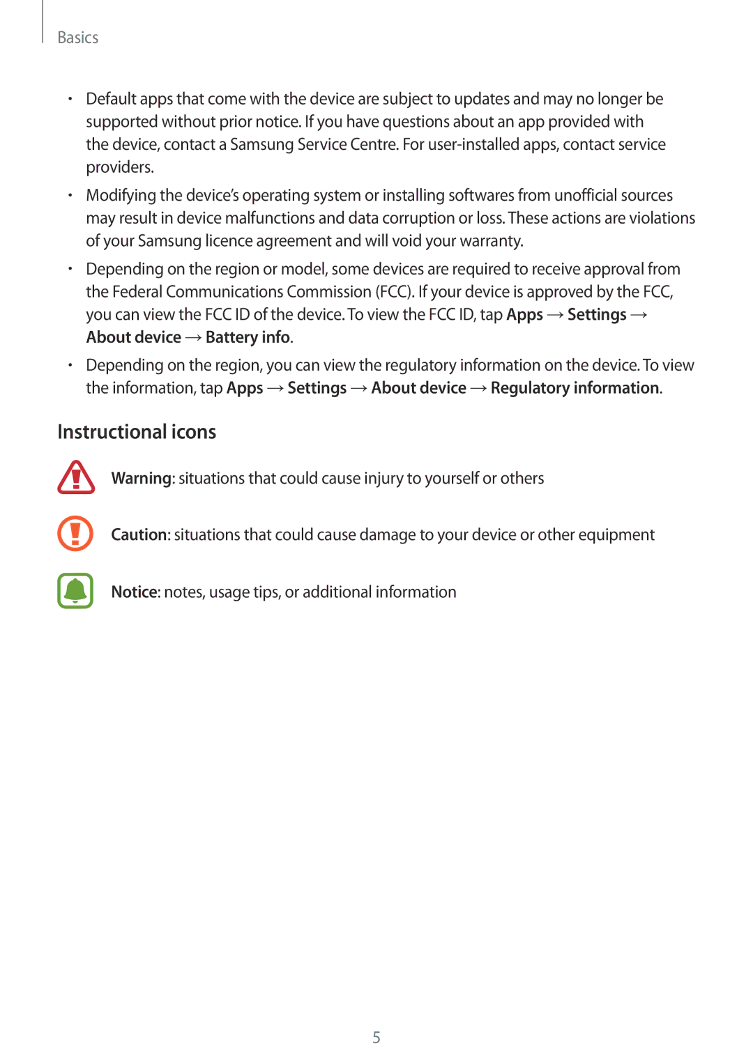 Samsung SM-G610FZDDKSA, SM-G570FZDDKSA, SM-G570FZKDKSA, SM-G610FZKDKSA, SM-G610FZKGKSA manual Instructional icons, Basics 