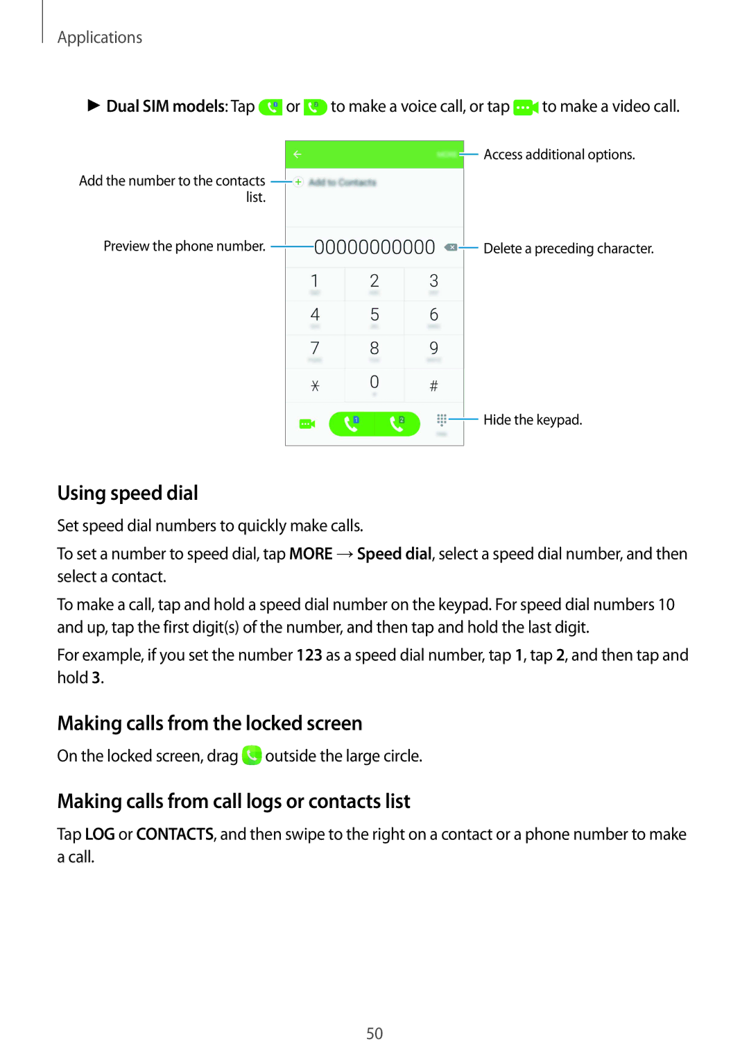 Samsung SM-G610FZDAILO Using speed dial, Making calls from the locked screen, Making calls from call logs or contacts list 