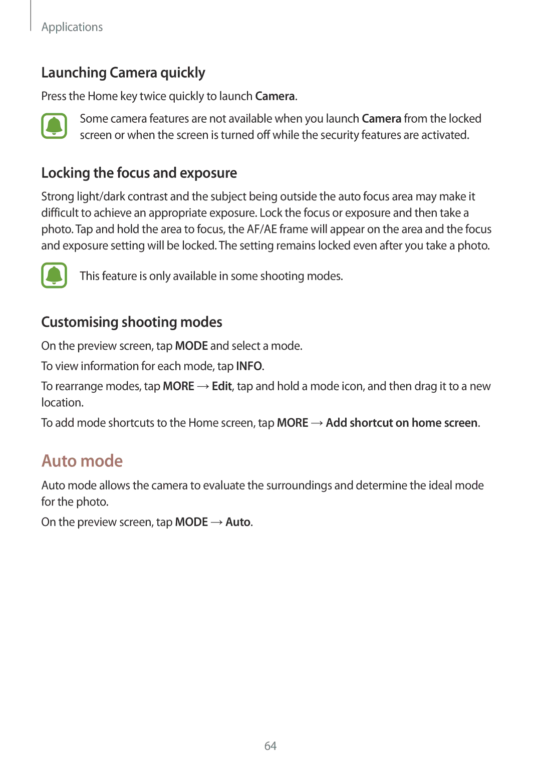 Samsung SM-G570FZKAILO Auto mode, Launching Camera quickly, Locking the focus and exposure, Customising shooting modes 