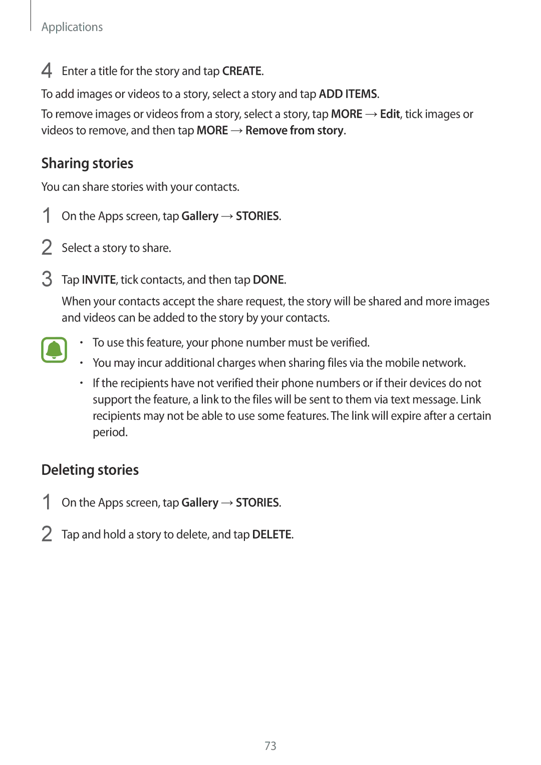 Samsung SM-G610FZDDKSA, SM-G570FZDDKSA, SM-G570FZKDKSA, SM-G610FZKDKSA, SM-G610FZKGKSA manual Sharing stories, Deleting stories 