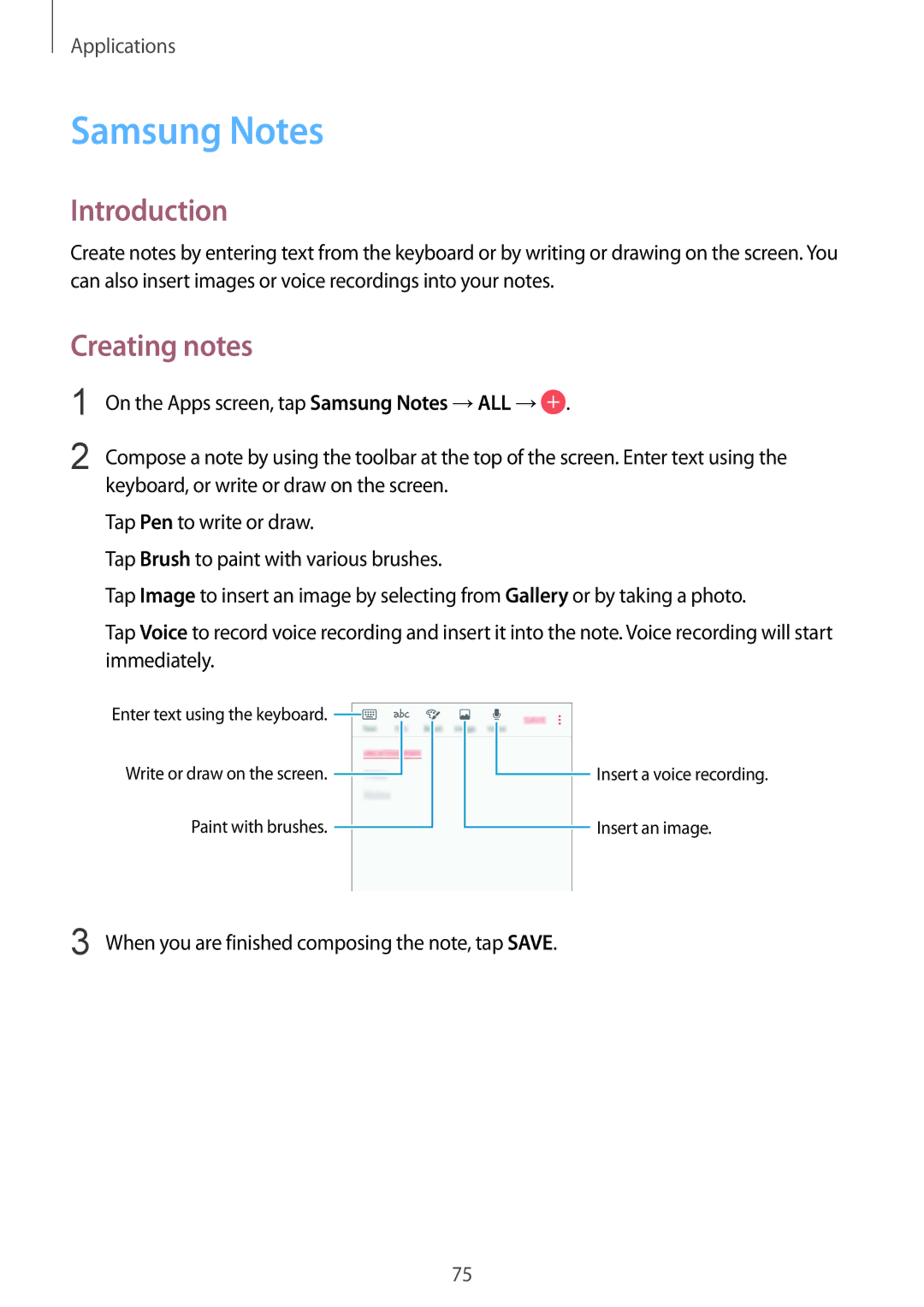 Samsung SM-G570YWDDXXV, SM-G570FZDDKSA, SM-G570FZKDKSA, SM-G610FZKDKSA, SM-G610FZKGKSA manual Samsung Notes, Creating notes 