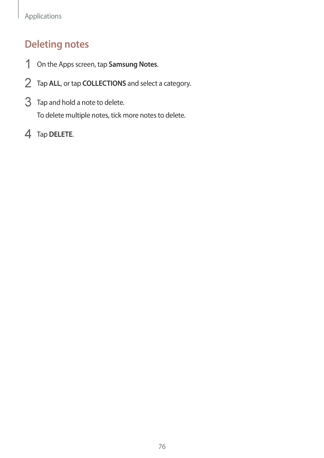 Samsung SM-G570YEDDXXV, SM-G570FZDDKSA, SM-G570FZKDKSA, SM-G610FZKDKSA, SM-G610FZKGKSA, SM-G610FZDGKSA manual Deleting notes 