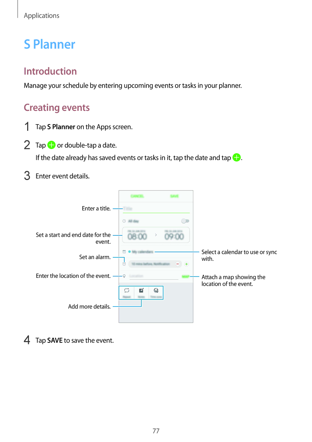 Samsung SM-G570YZKDXXV, SM-G570FZDDKSA, SM-G570FZKDKSA, SM-G610FZKDKSA, SM-G610FZKGKSA manual Planner, Creating events 