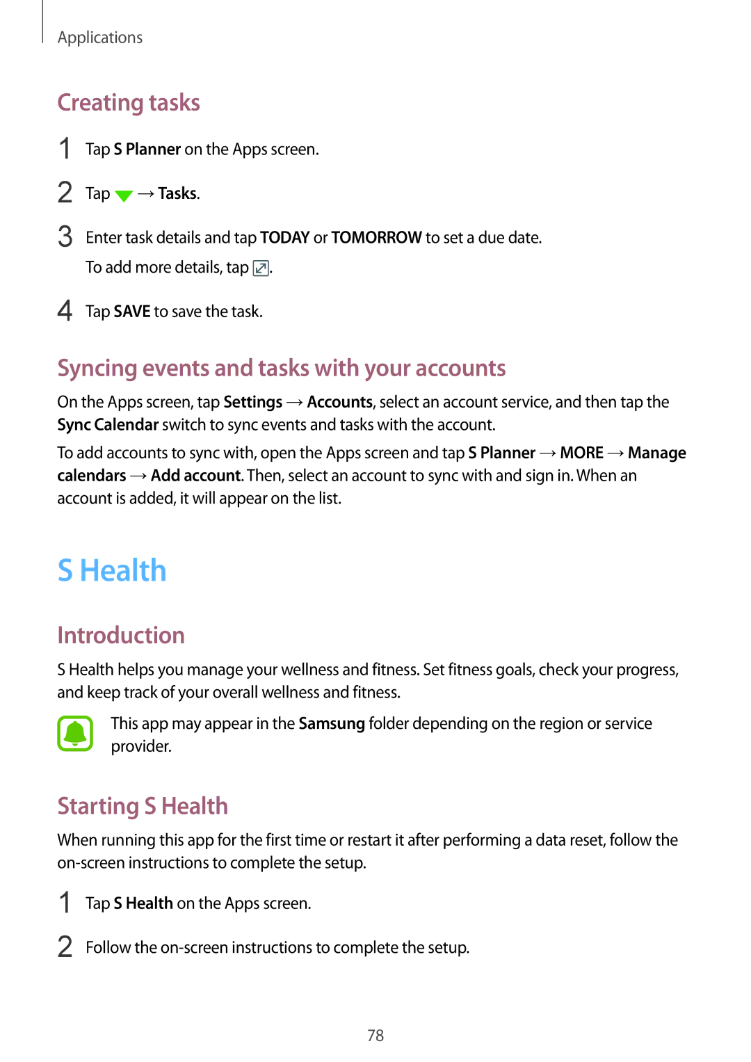 Samsung SM-G610FZSGXXV, SM-G570FZDDKSA Creating tasks, Syncing events and tasks with your accounts, Starting S Health 