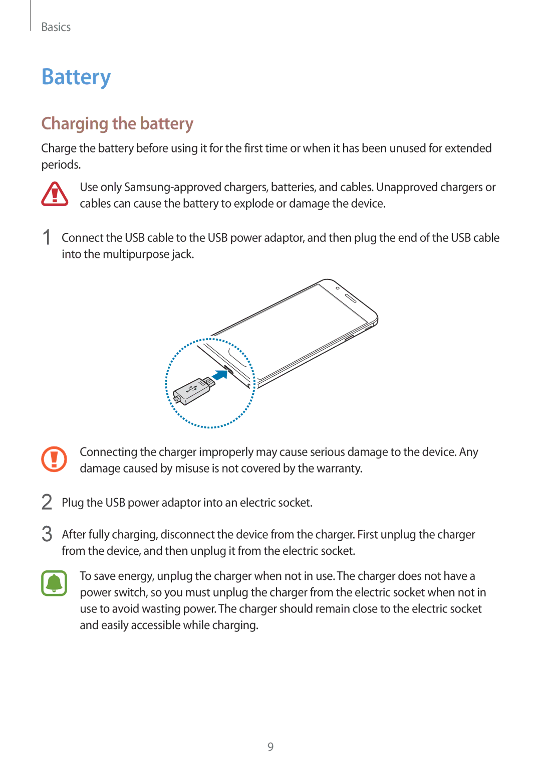 Samsung SM-G570YZKDXXV, SM-G570FZDDKSA, SM-G570FZKDKSA, SM-G610FZKDKSA, SM-G610FZKGKSA manual Battery, Charging the battery 