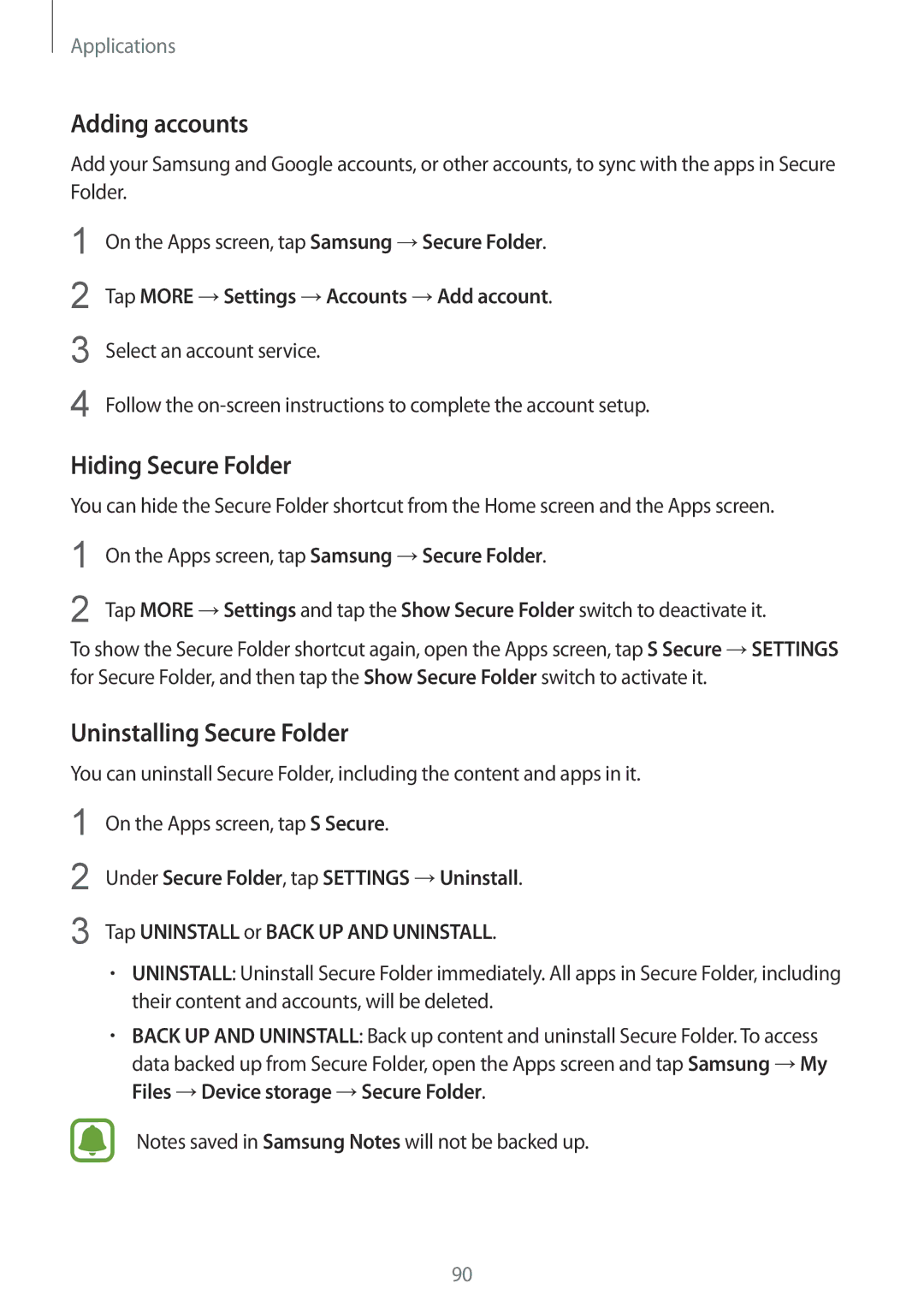 Samsung SM-G610FZDDKSA, SM-G570FZDDKSA, SM-G570FZKDKSA Adding accounts, Hiding Secure Folder, Uninstalling Secure Folder 