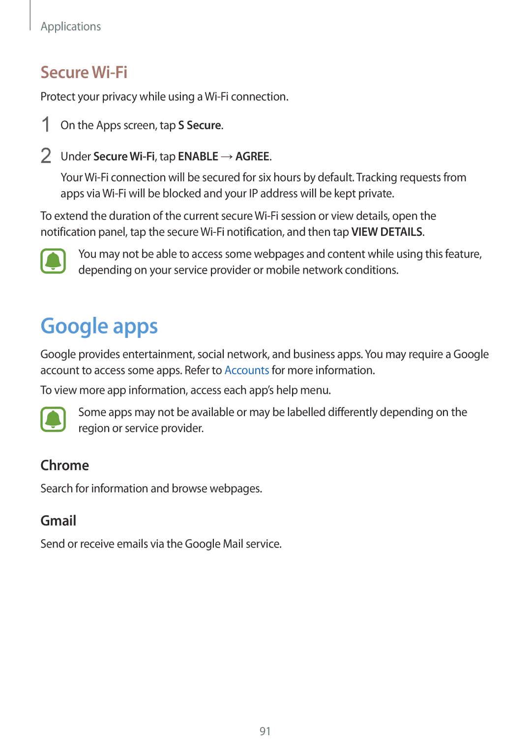 Samsung SM-G610FWDGXXV, SM-G570FZDDKSA manual Google apps, Chrome, Gmail, Under Secure Wi-Fi, tap Enable →AGREE 