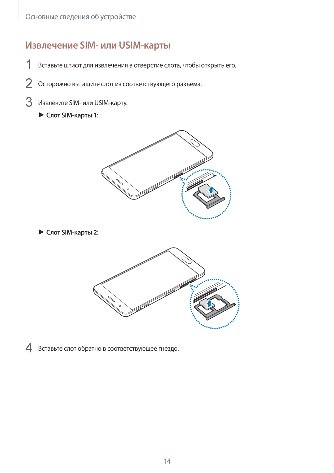 Samsung SM-G570FZDDSER, SM-G570FZKDSER manual Извлечение SIM- или USIM-карты 