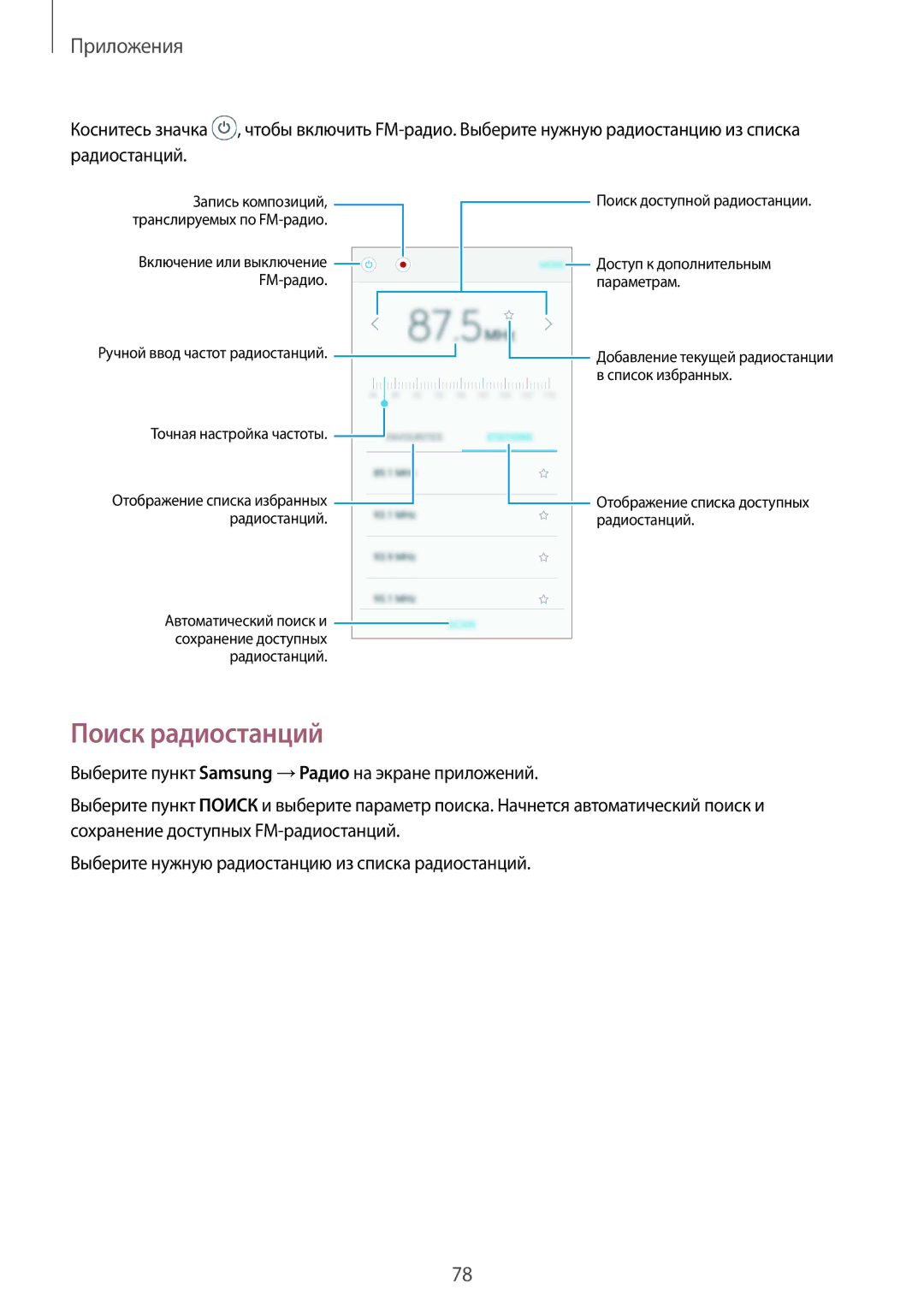 Samsung SM-G570FZDDSER, SM-G570FZKDSER manual Поиск радиостанций 