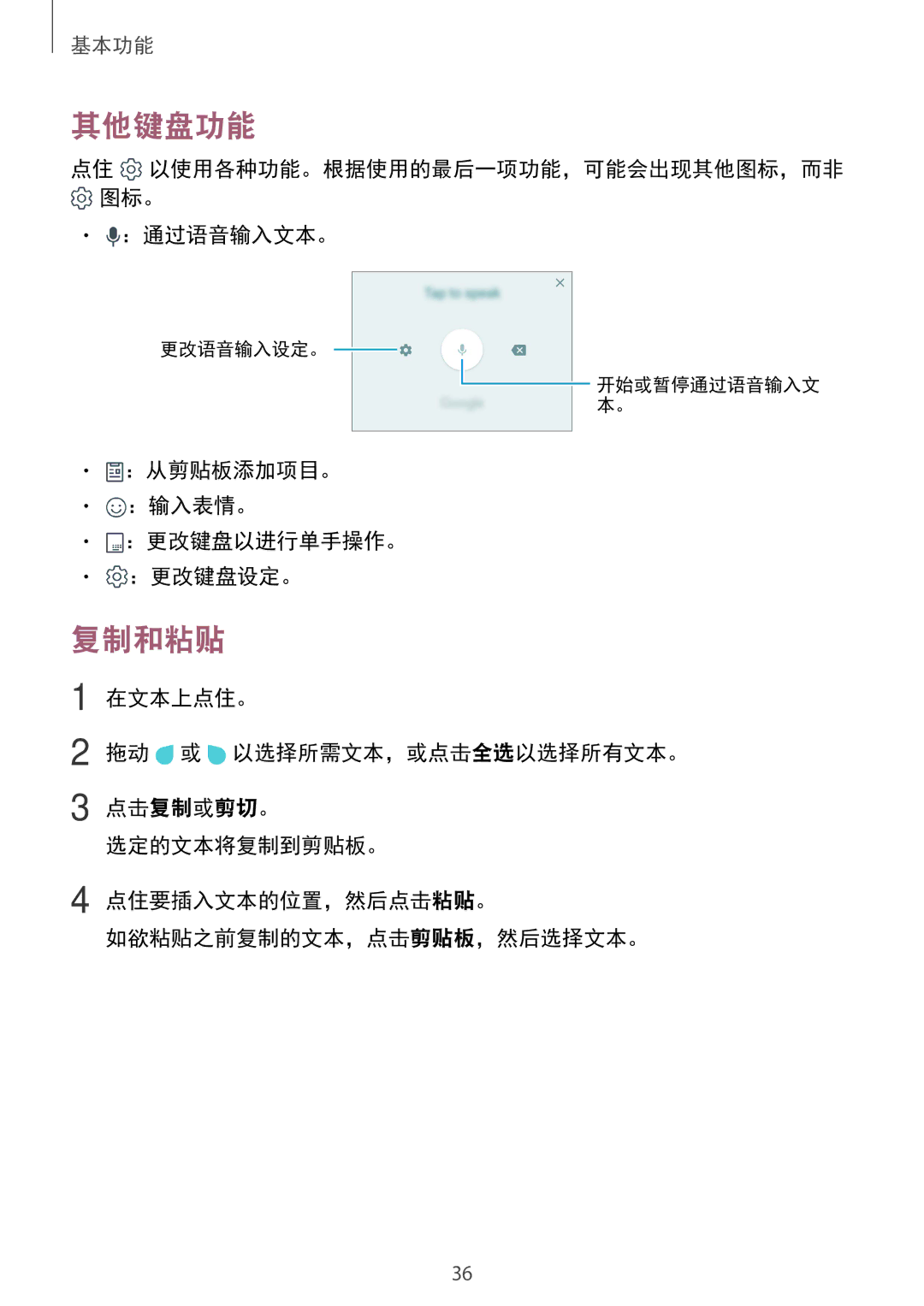 Samsung SM-G570YWDDXXV, SM-G570YEDDXXV, SM-G570YZKDXXV 其他键盘功能, 复制和粘贴, ：通过语音输入文本。, ：从剪贴板添加项目。 ：输入表情。 ：更改键盘以进行单手操作。 ：更改键盘设定。 