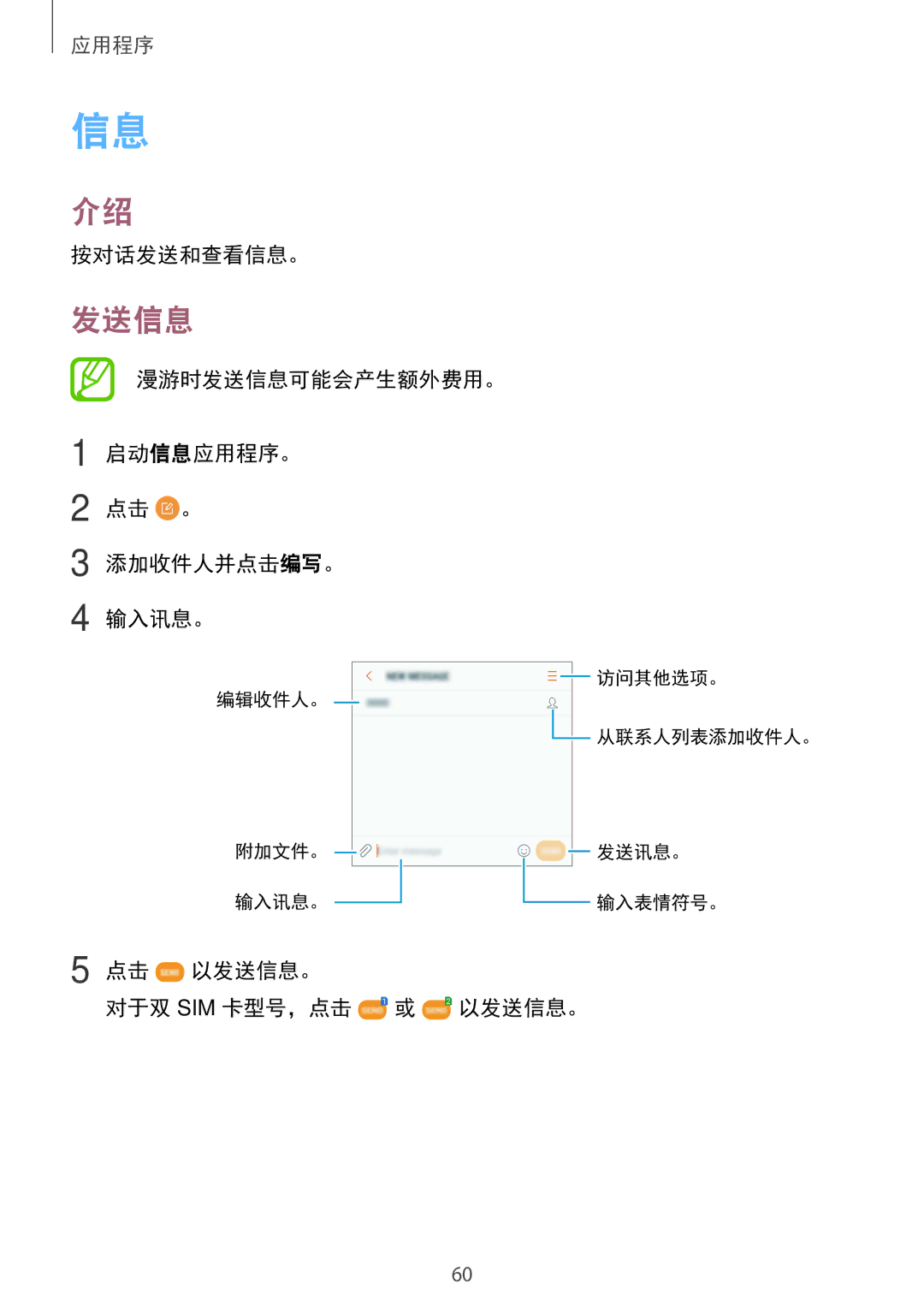 Samsung SM-G570YWDDXXV manual 按对话发送和查看信息。, 漫游时发送信息可能会产生额外费用。 启动信息应用程序。 点击 。 添加收件人并点击编写。 输入讯息。, 以发送信息。 对于双 Sim 卡型号，点击 