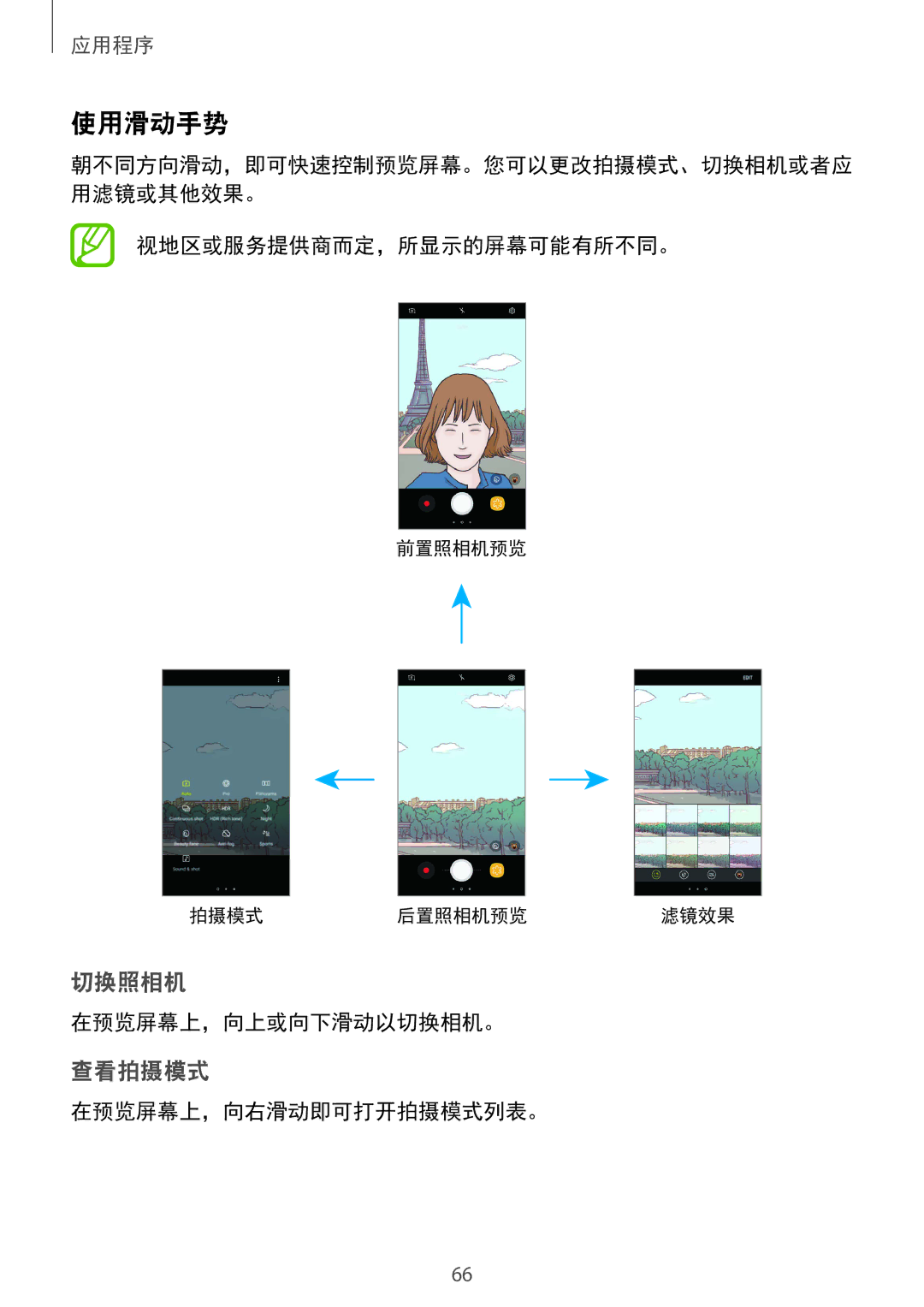 Samsung SM-G570YWDDXXV, SM-G570YEDDXXV, SM-G570YZKDXXV manual 使用滑动手势, 在预览屏幕上，向上或向下滑动以切换相机。, 在预览屏幕上，向右滑动即可打开拍摄模式列表。 