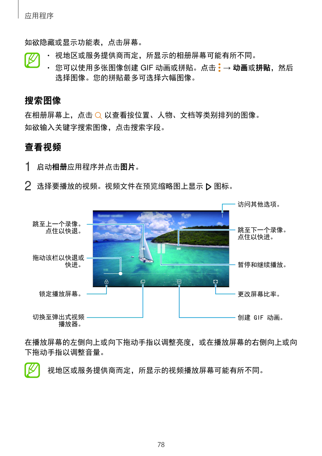 Samsung SM-G570YWDDXXV manual 搜索图像, 查看视频, 启动相册应用程序并点击图片。 选择要播放的视频。视频文件在预览缩略图上显示 图标。, 视地区或服务提供商而定，所显示的视频播放屏幕可能有所不同。 