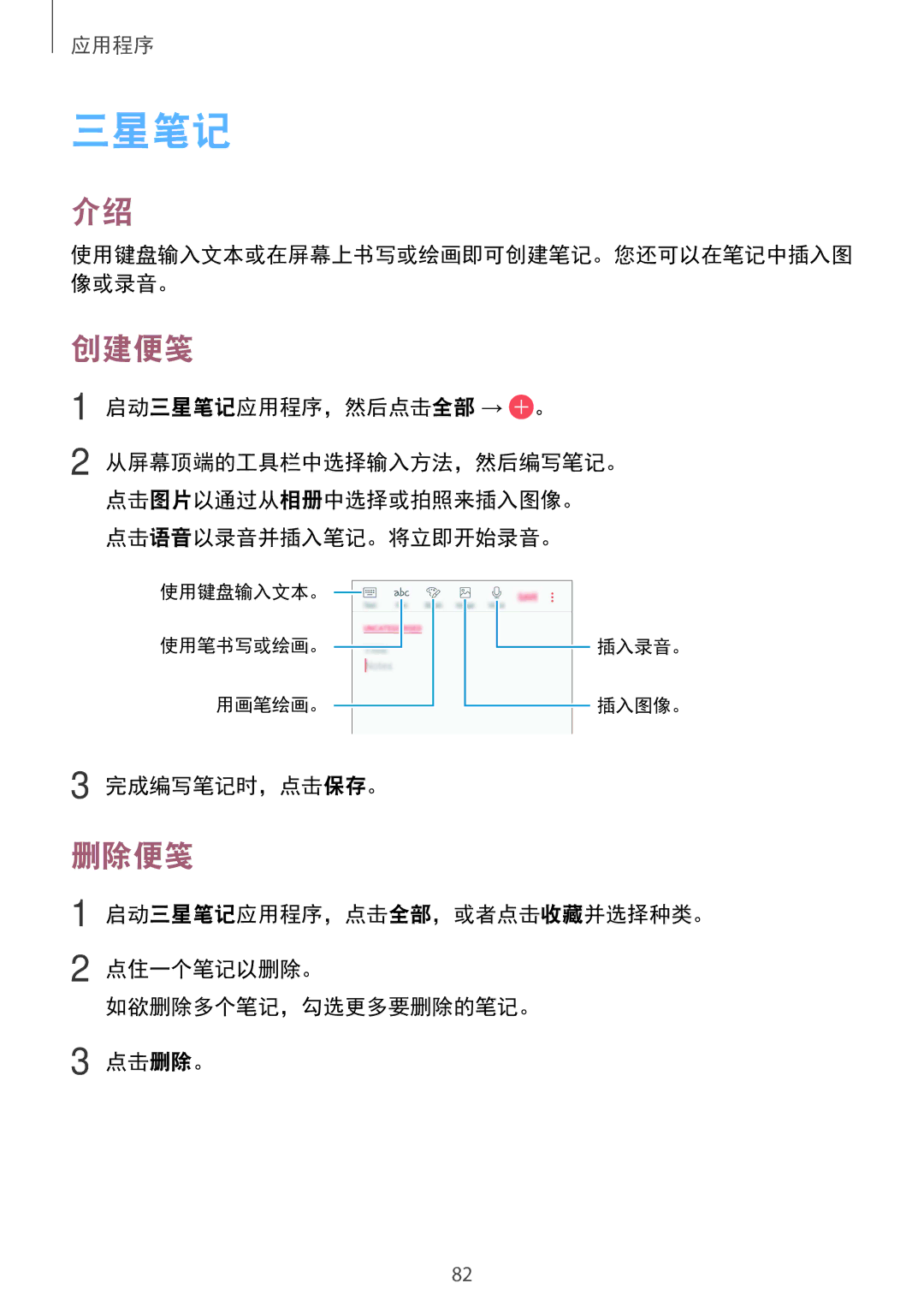 Samsung SM-G570YEDDXXV, SM-G570YWDDXXV, SM-G570YZKDXXV manual 三星笔记, 创建便笺, 删除便笺 