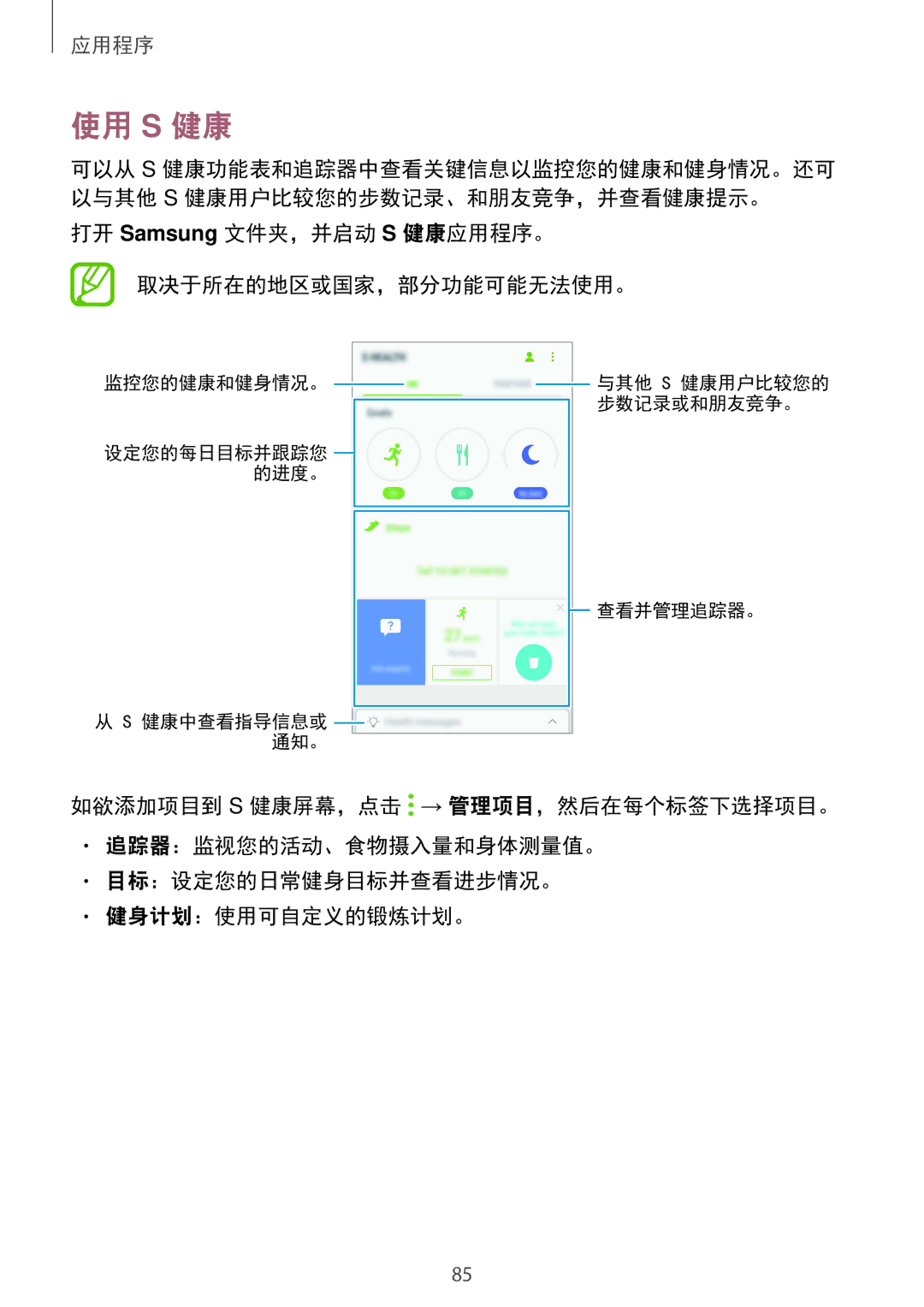 Samsung SM-G570YEDDXXV, SM-G570YWDDXXV, SM-G570YZKDXXV manual 使用 S 健康, 打开 Samsung 文件夹，并启动 S 健康应用程序。 取决于所在的地区或国家，部分功能可能无法使用。 