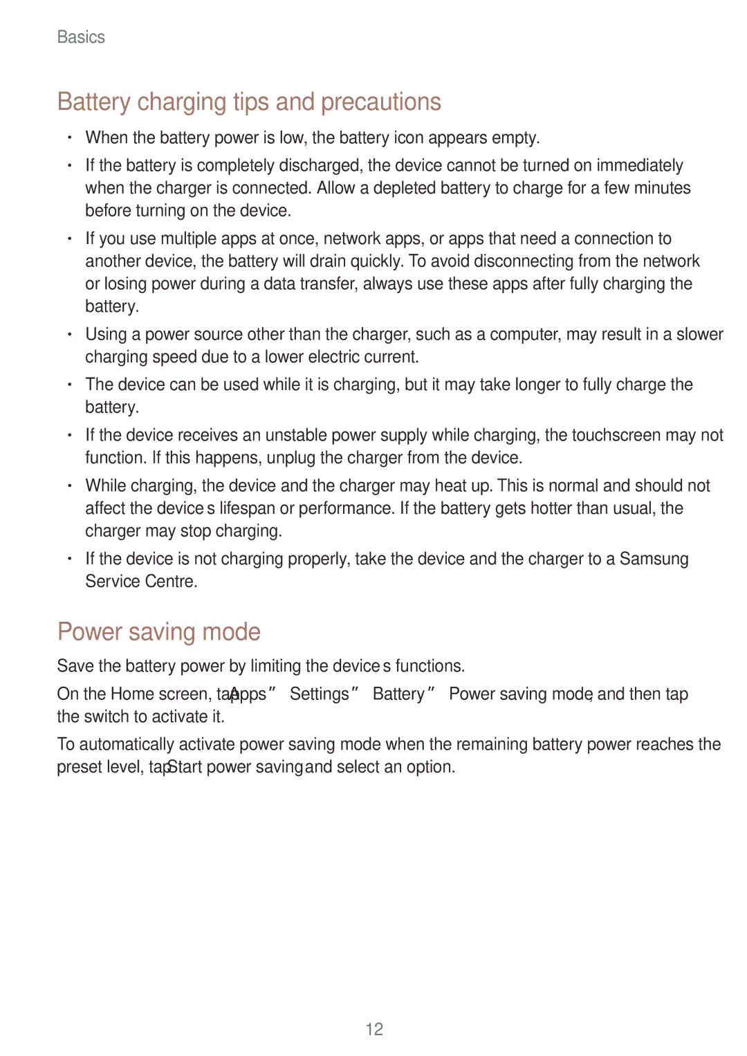 Samsung SM-G600FZKDXEV manual Battery charging tips and precautions, Power saving mode 