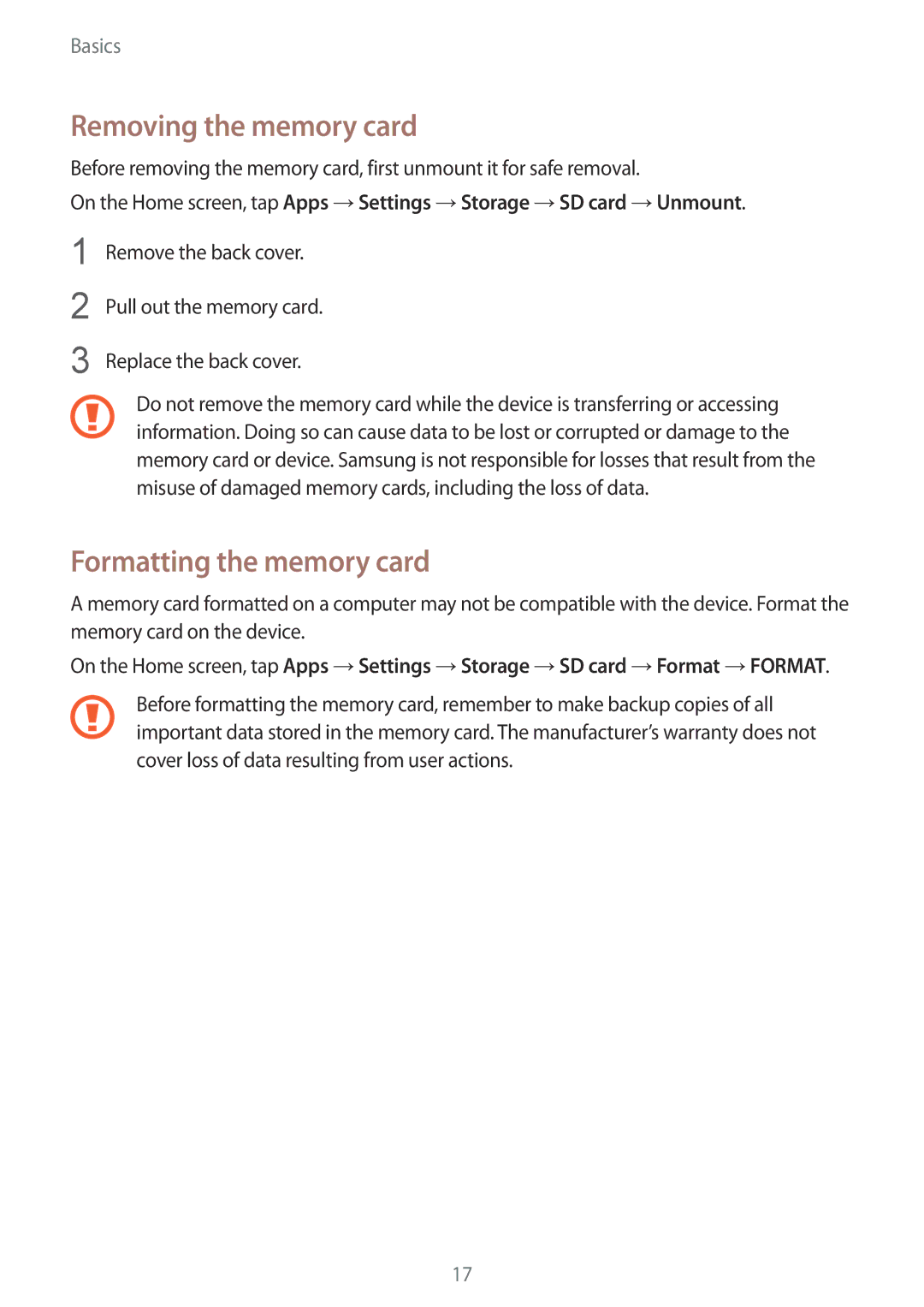 Samsung SM-G600FZKDXEV manual Removing the memory card, Formatting the memory card 