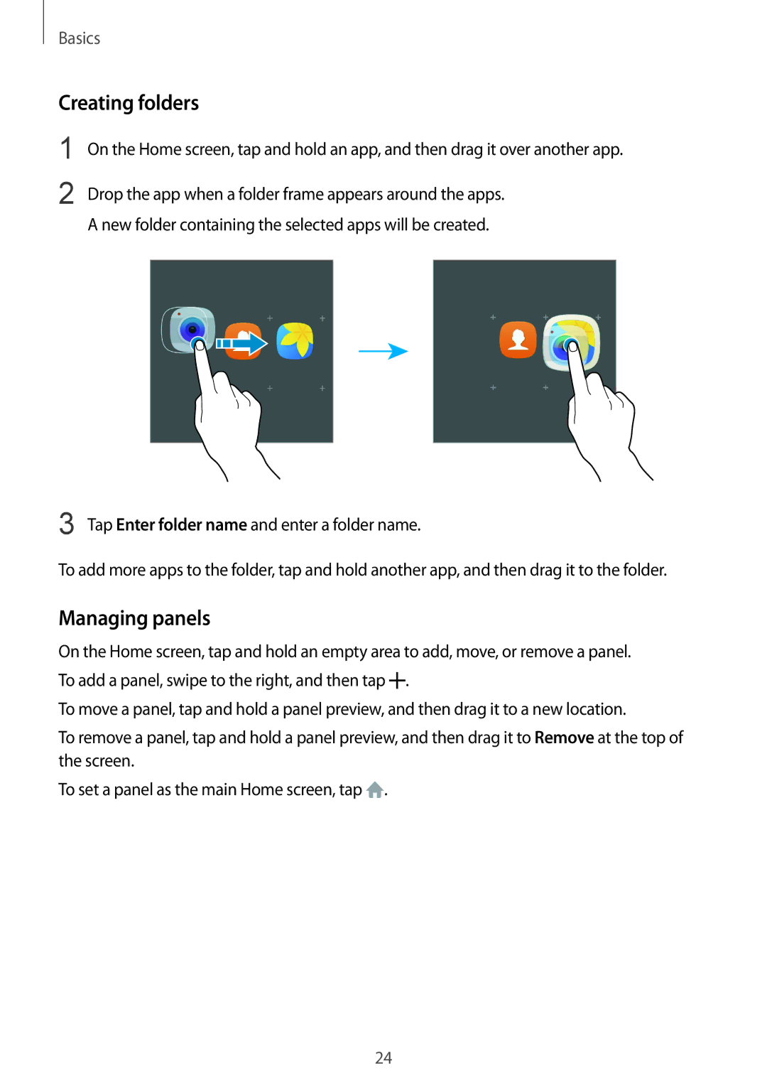 Samsung SM-G600FZKDXEV manual Creating folders, Managing panels 