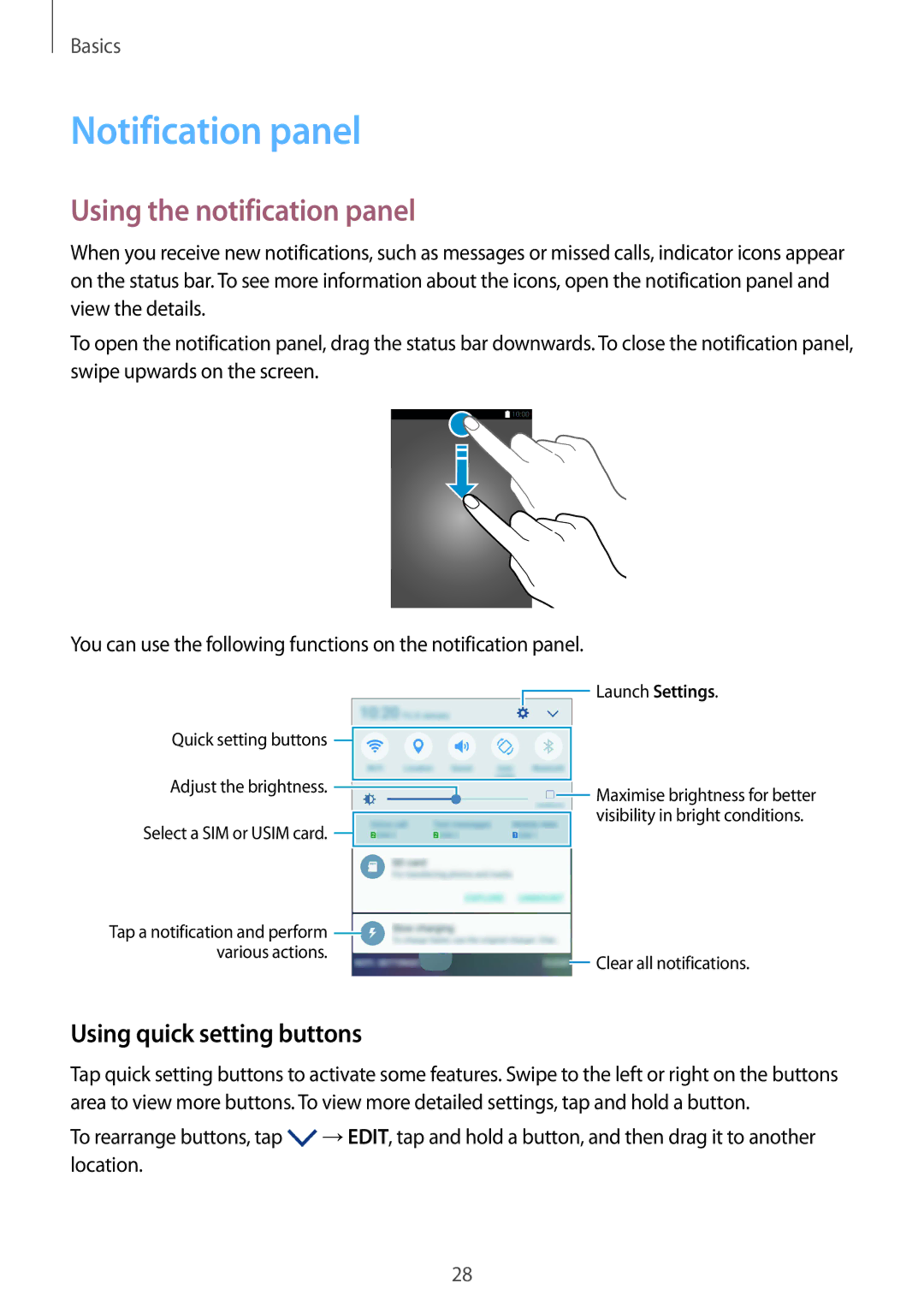 Samsung SM-G600FZKDXEV manual Notification panel, Using the notification panel, Using quick setting buttons 