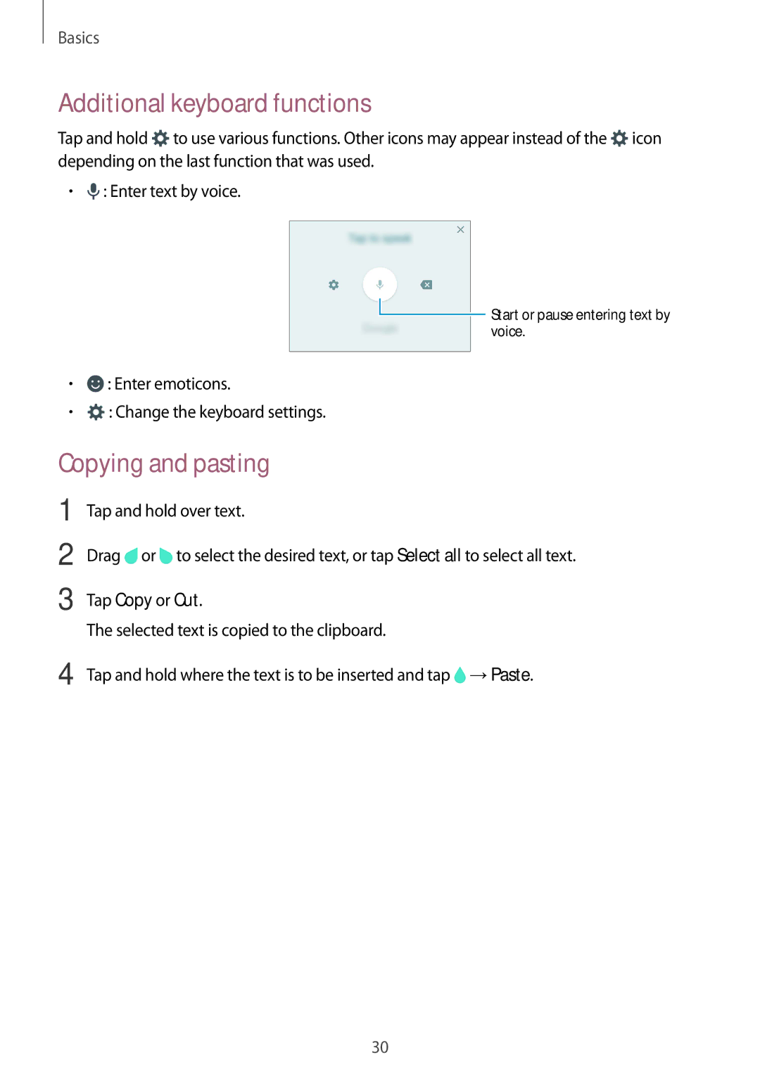 Samsung SM-G600FZKDXEV manual Additional keyboard functions, Copying and pasting 