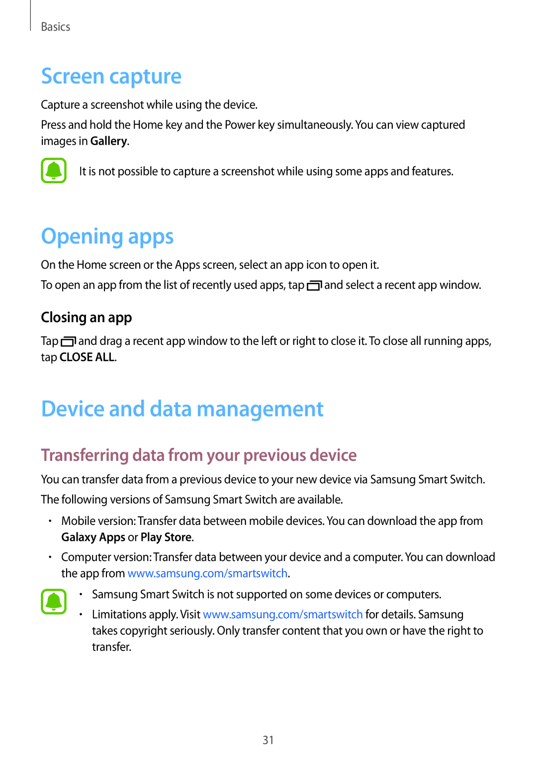 Samsung SM-G600FZKDXEV manual Screen capture, Opening apps, Device and data management, Closing an app 