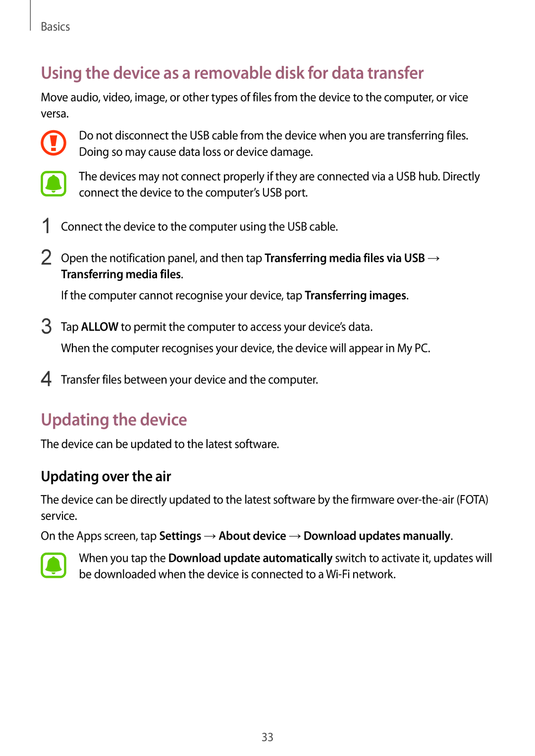 Samsung SM-G600FZKDXEV Using the device as a removable disk for data transfer, Updating the device, Updating over the air 