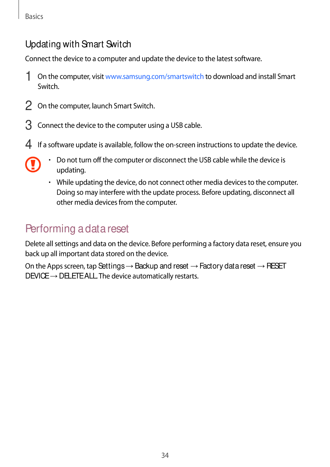 Samsung SM-G600FZKDXEV manual Performing a data reset, Updating with Smart Switch 