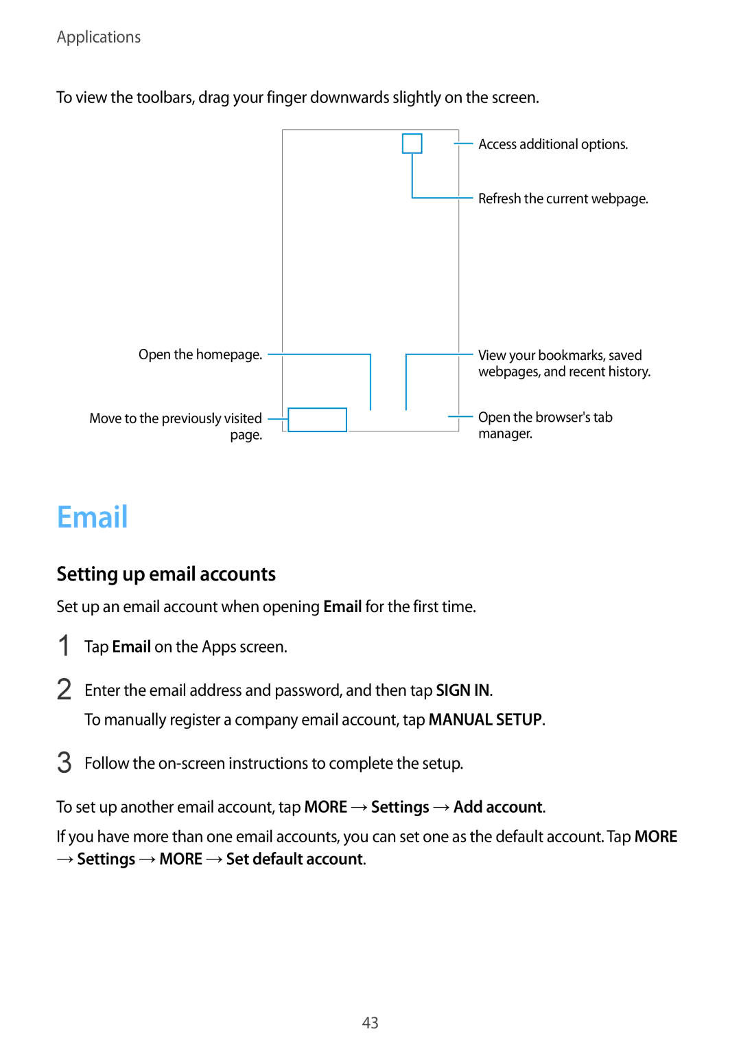 Samsung SM-G600FZKDXEV manual Setting up email accounts 