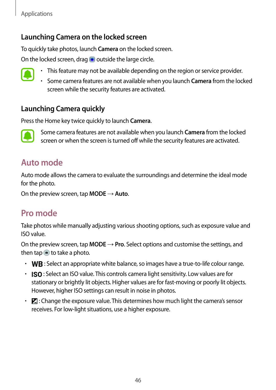 Samsung SM-G600FZKDXEV manual Auto mode, Pro mode, Launching Camera on the locked screen, Launching Camera quickly 