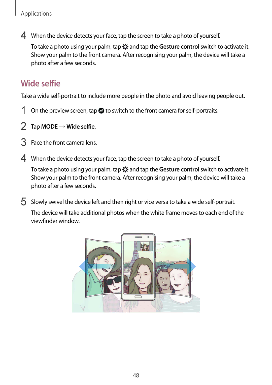 Samsung SM-G600FZKDXEV manual Tap Mode →Wide selfie 