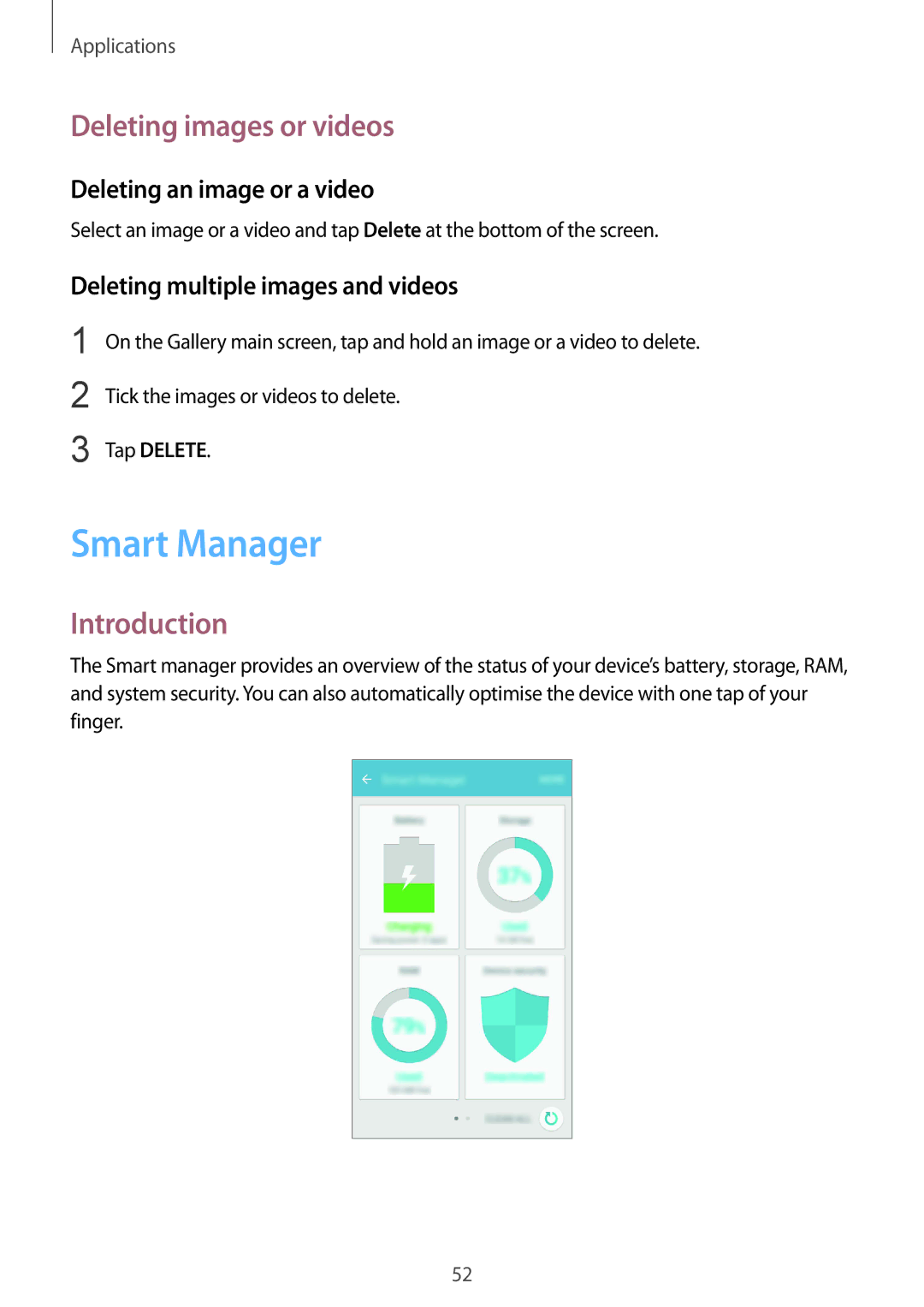 Samsung SM-G600FZKDXEV manual Smart Manager, Deleting images or videos, Deleting an image or a video 