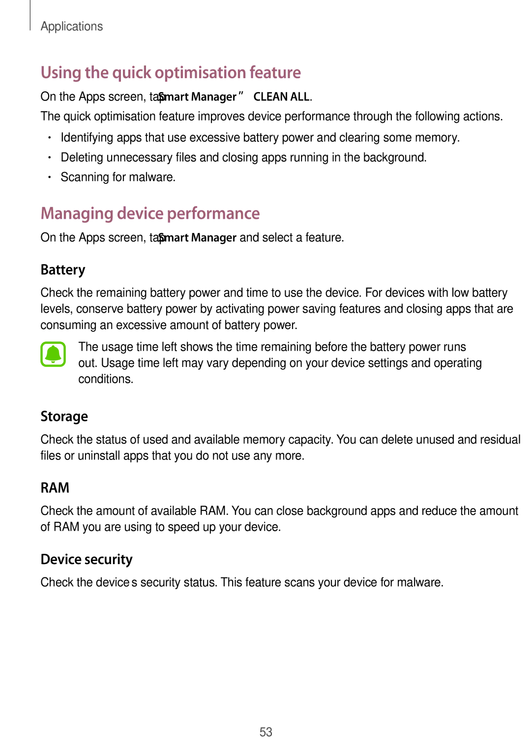 Samsung SM-G600FZKDXEV manual Using the quick optimisation feature, Managing device performance, Battery, Storage 