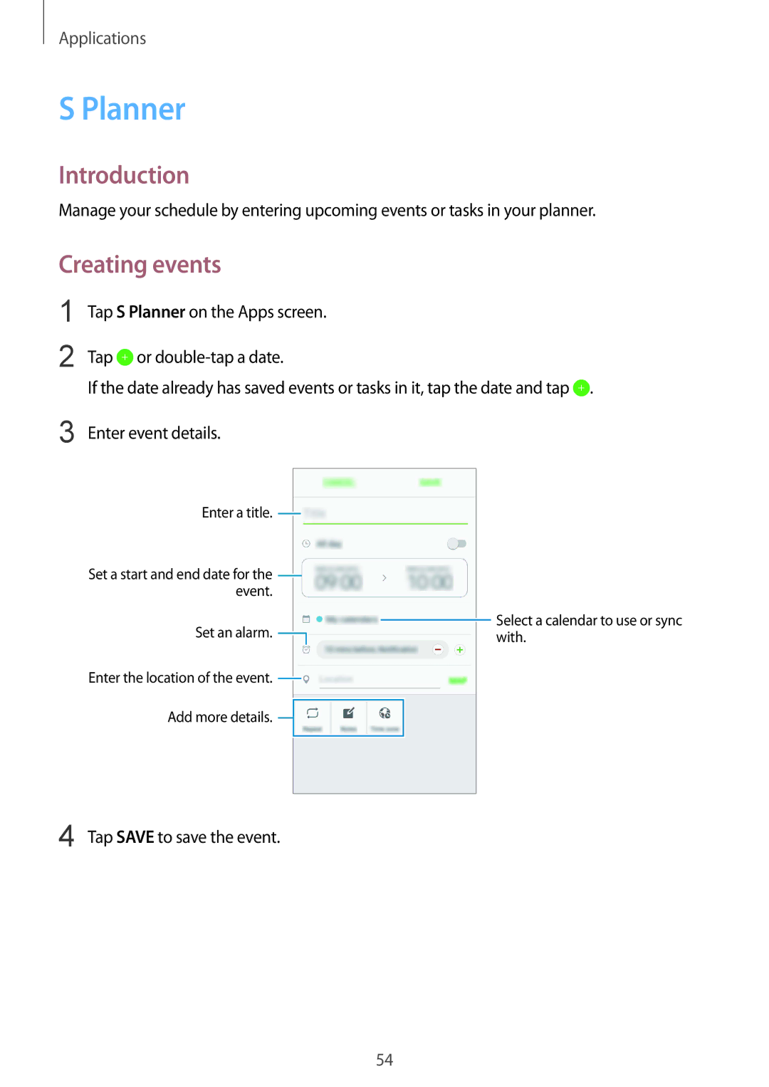 Samsung SM-G600FZKDXEV manual Planner, Creating events 