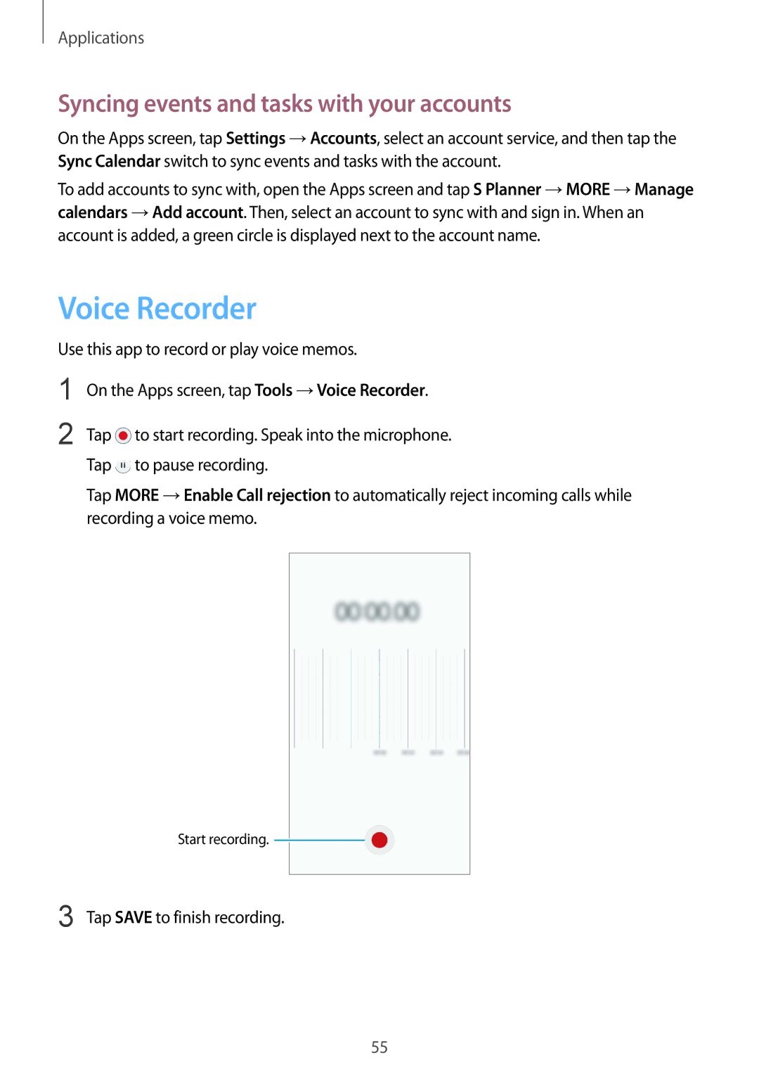 Samsung SM-G600FZKDXEV manual Voice Recorder, Syncing events and tasks with your accounts 