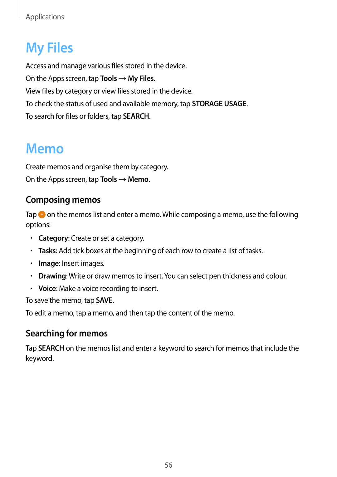 Samsung SM-G600FZKDXEV manual My Files, Memo, Composing memos, Searching for memos 