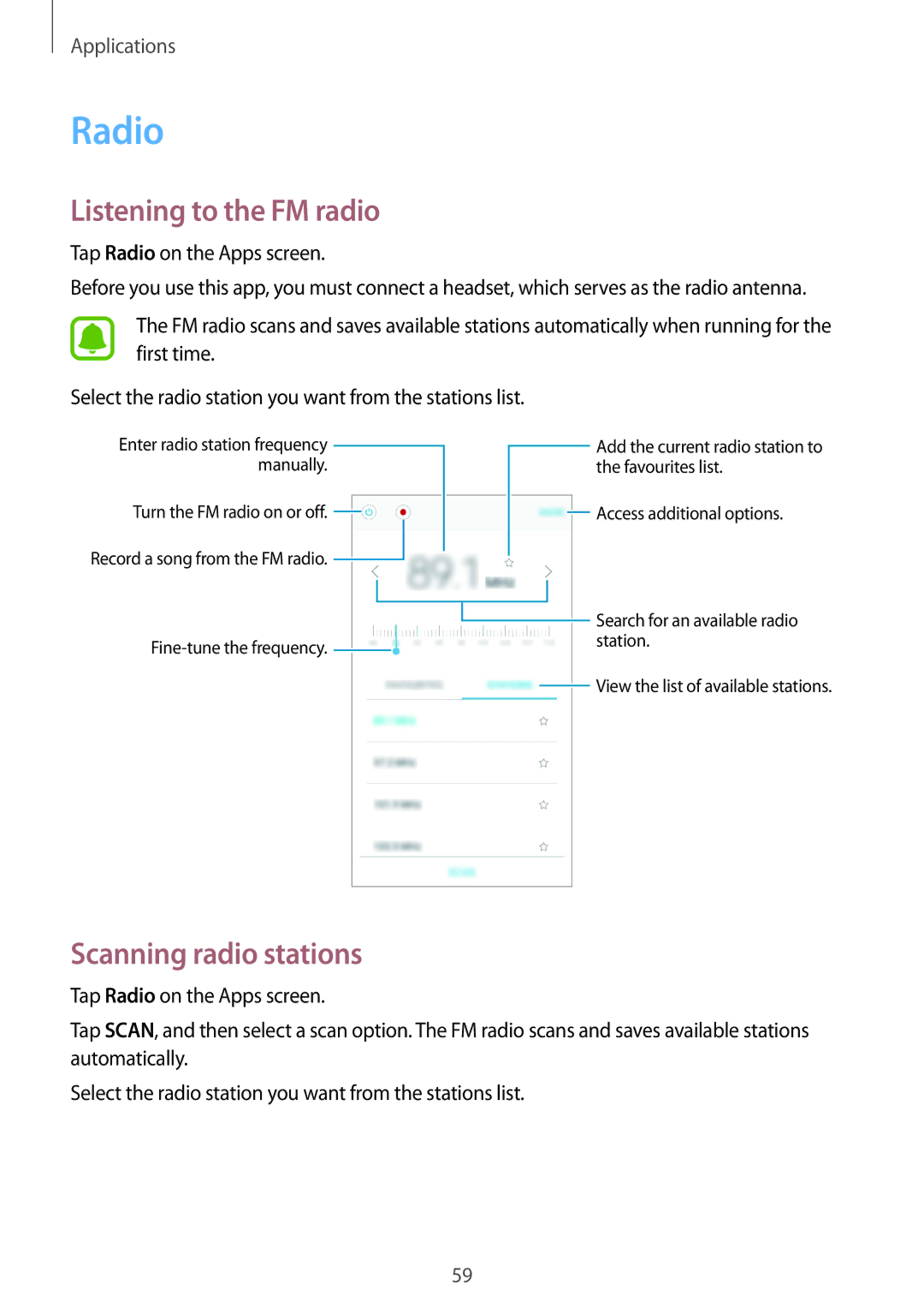 Samsung SM-G600FZKDXEV manual Radio, Listening to the FM radio, Scanning radio stations 