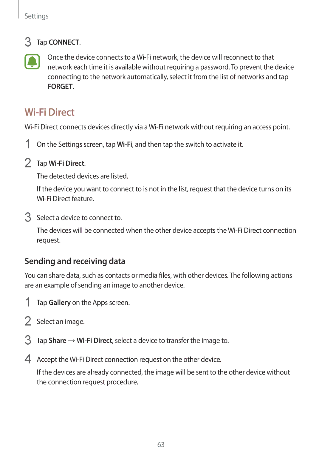 Samsung SM-G600FZKDXEV manual Wi-Fi Direct, Sending and receiving data 