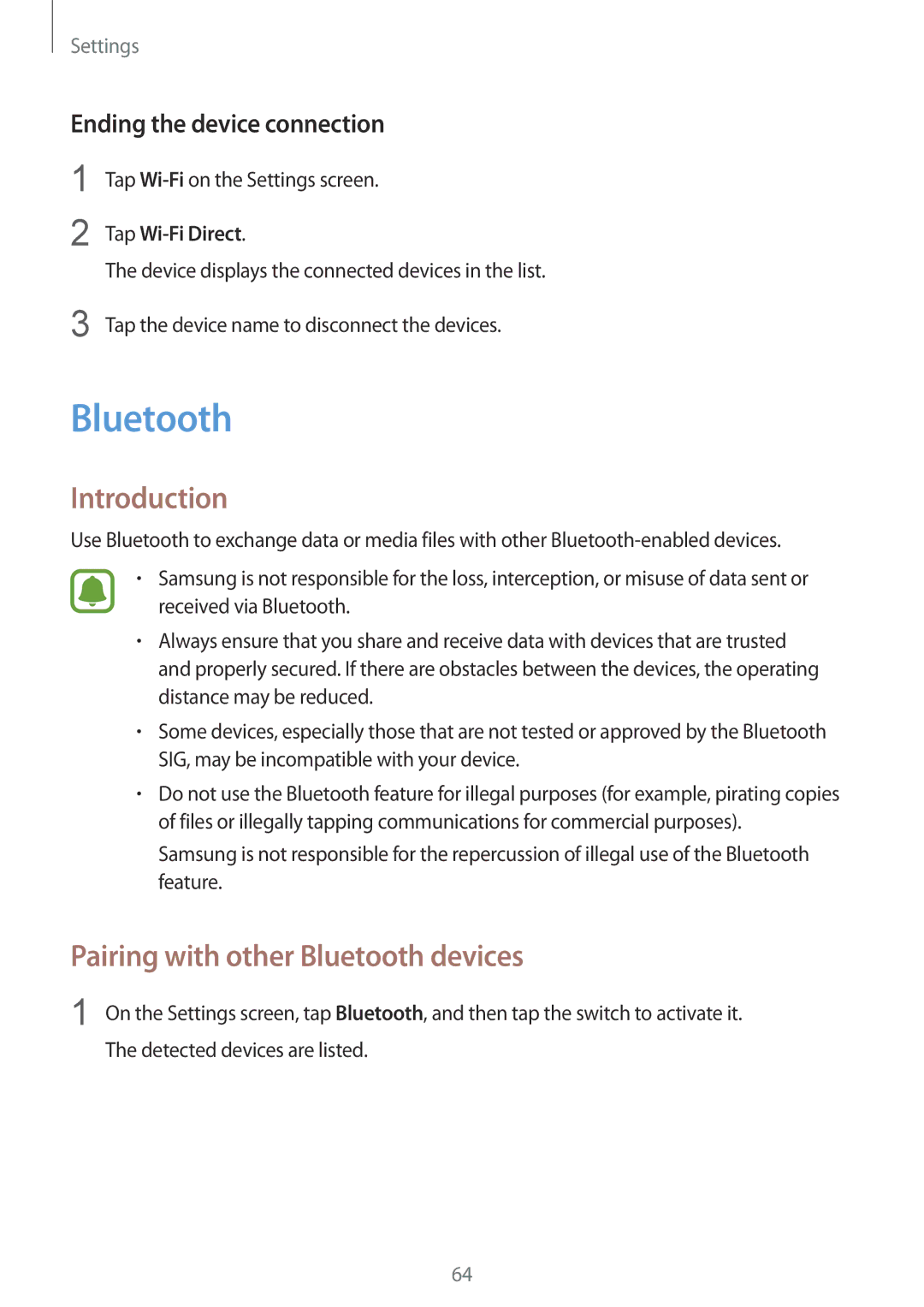 Samsung SM-G600FZKDXEV manual Pairing with other Bluetooth devices, Ending the device connection 