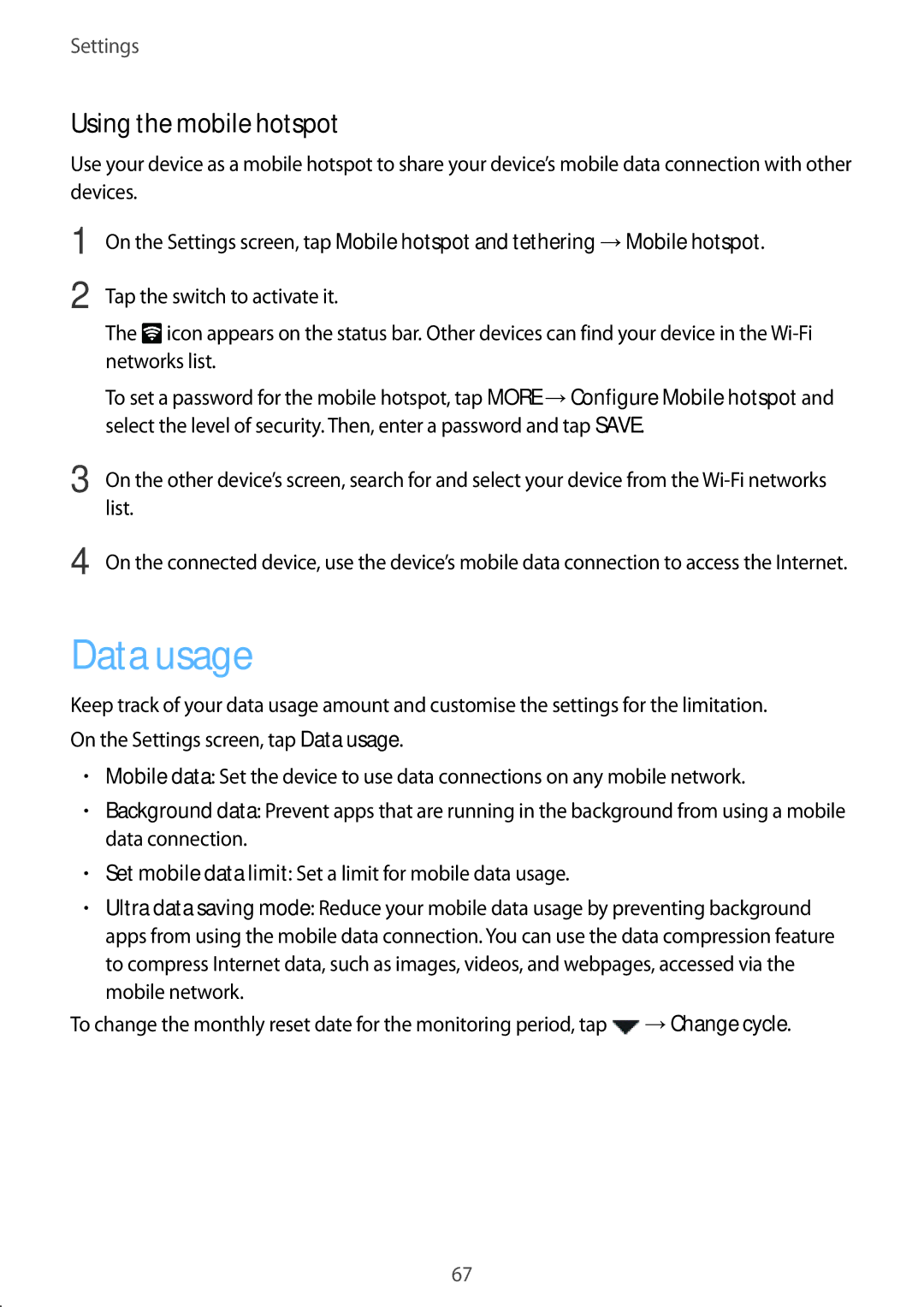 Samsung SM-G600FZKDXEV manual Data usage, Using the mobile hotspot 