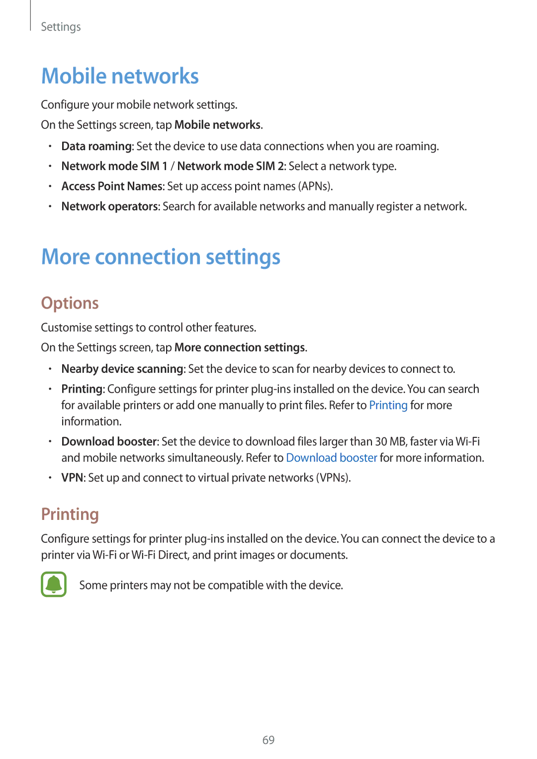 Samsung SM-G600FZKDXEV manual Mobile networks, More connection settings, Options, Printing 